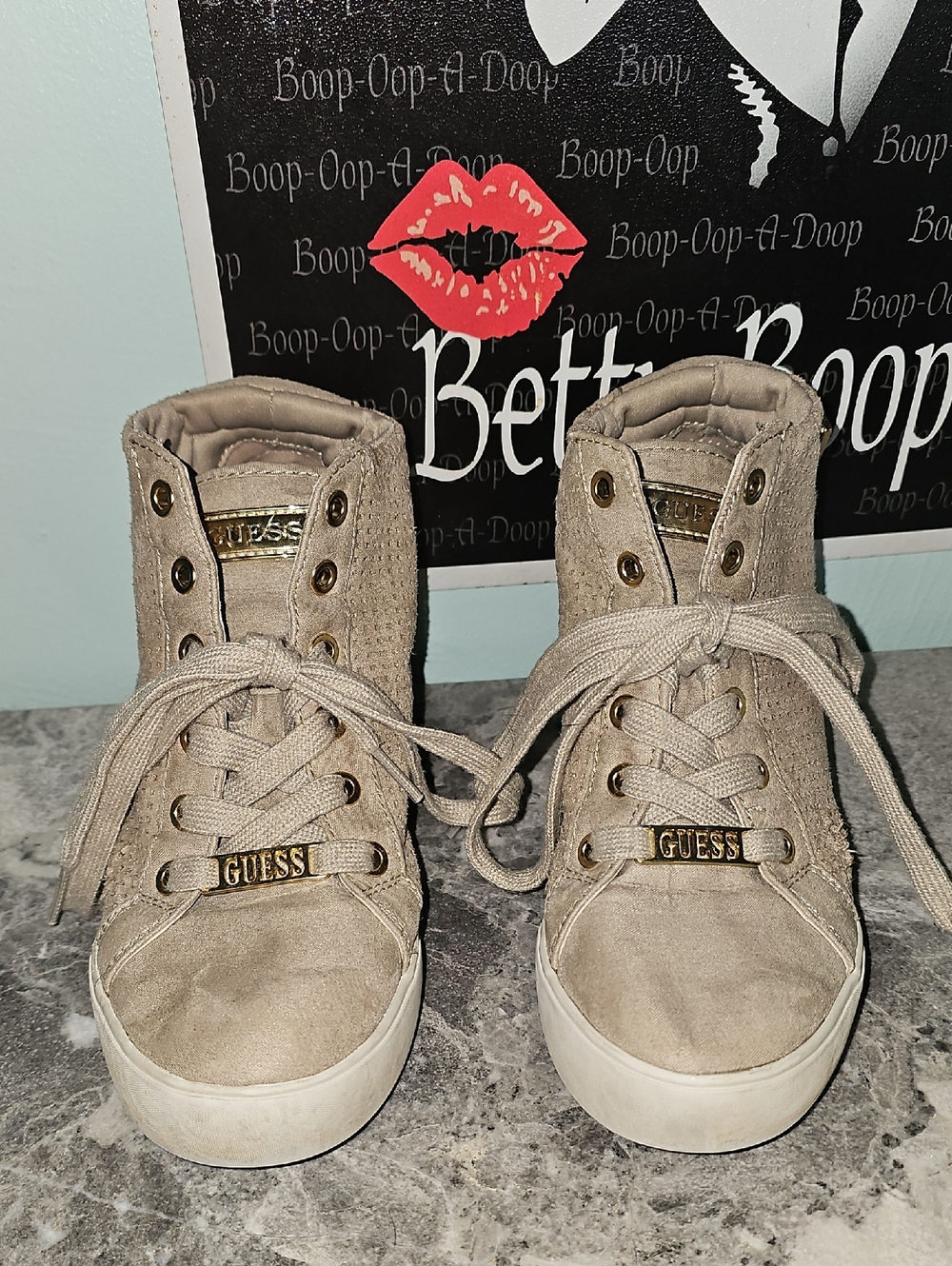 GUESS Tan Suede High-Top Sneakers Gold Accents Size 6